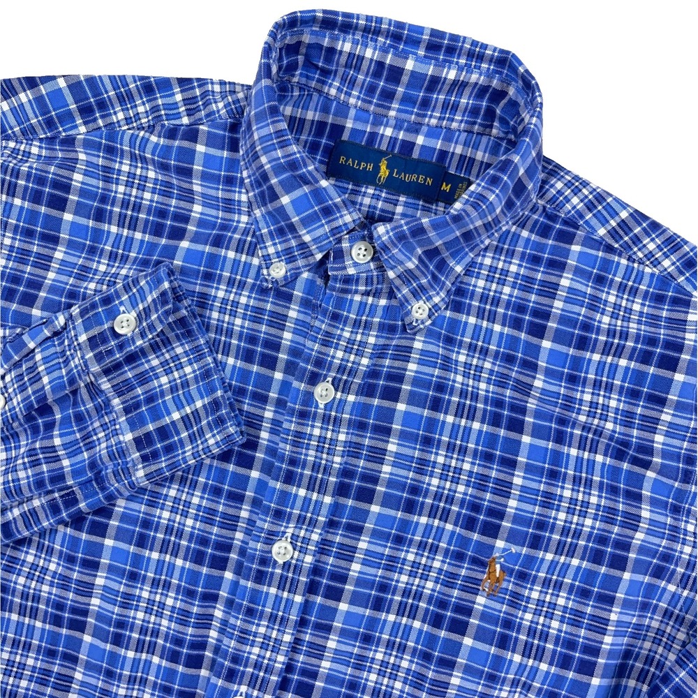 Ralph Lauren Oxford Shirt Men Medium Blue Plaid Button Up Dress Flesh Pony A90